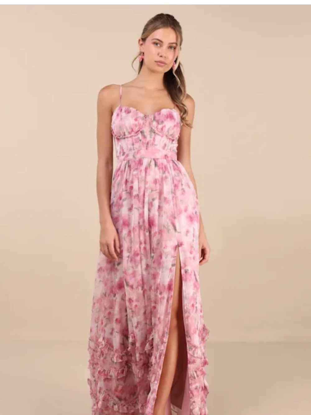 Novella Pink Floral Ruffled Bustier Lace-Up Maxi Dress -
Lulu's - Picture 13 of 14